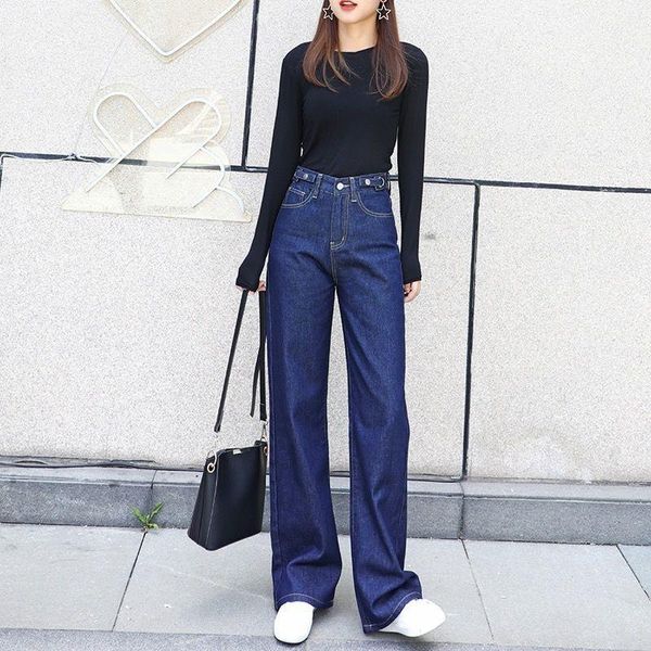 woman jeans pants dark blue loose straight high waist pants
woman jeans pants dark blue loose straight high waist pants