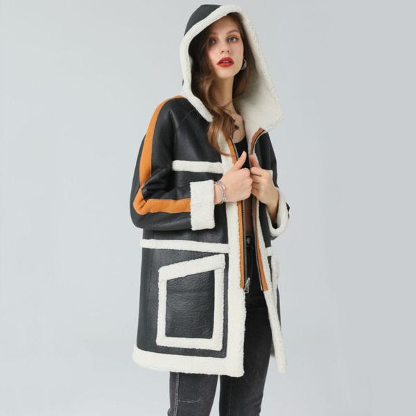 women's fur & faux long warm hooded real coat for women thicken red sheepskin shearling clothing genuine leather outerwear, Black
women's fur & faux long warm hooded real coat for women thicken red sheepskin shearling clothing genuine leather outerwear, Black