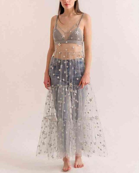 boho see through maxi women dresses fashion girl spaghetti straps tulle bling long dress summer transparent star, Black;gray
boho see through maxi women dresses fashion girl spaghetti straps tulle bling long dress summer transparent star, Black;gray