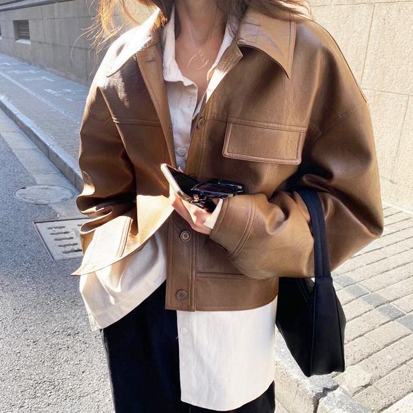 women's leather & faux fall biker jacket for women short coat lapel loose vintage street outerwear female elegant brown pu jackets, Black
women's leather & faux fall biker jacket for women short coat lapel loose vintage street outerwear female elegant brown pu jackets, Black