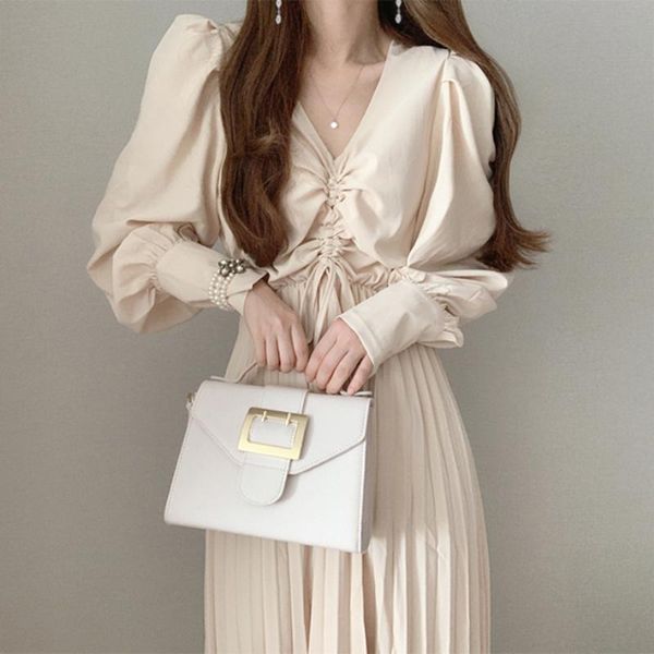 casual dresses korean style puff sleeve high waist pleated dress elegant solid color v-neck drawstring vestidos mid-length a-line women, Black;gray
casual dresses korean style puff sleeve high waist pleated dress elegant solid color v-neck drawstring vestidos mid-length a-line women, Black;gray