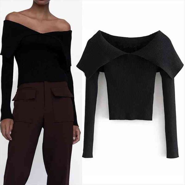 za fall black fitted cropped knitted sweater woman fashion long sleeves off shoulder sweaters woman slim pullover, White;black
za fall black fitted cropped knitted sweater woman fashion long sleeves off shoulder sweaters woman slim pullover, White;black