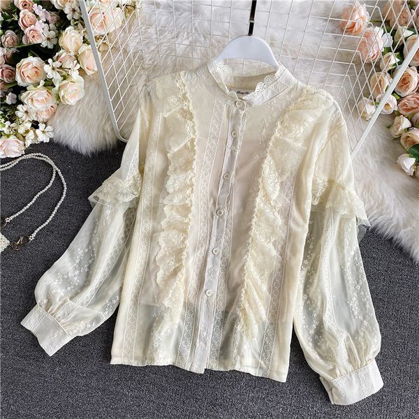 2021 autumn sweet beige/white lace blouse female elegant round neck single breasted ruffle shirts women casual long sleeve vxsl, Blue
2021 autumn sweet beige/white lace blouse female elegant round neck single breasted ruffle shirts women casual long sleeve vxsl, Blue