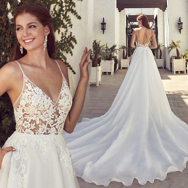 2021 spaghetti deep v neck hollow a -line wedding dress backless tulle empire sweep train plus size bride gowns beads design, White
2021 spaghetti deep v neck hollow a -line wedding dress backless tulle empire sweep train plus size bride gowns beads design, White