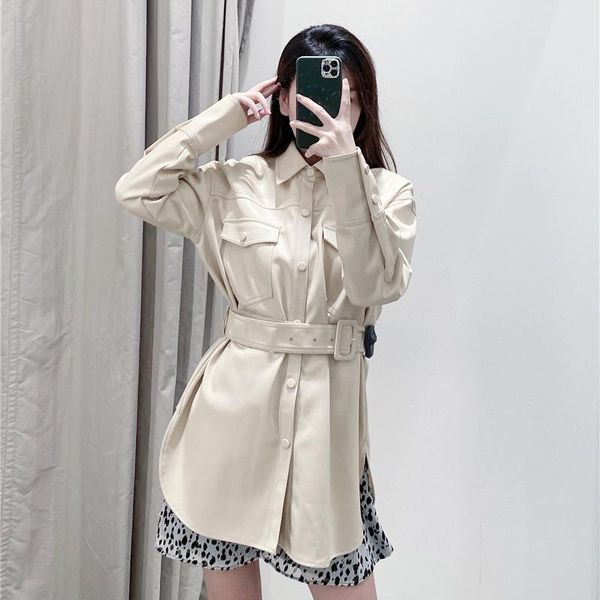 women's leather & faux retro jacket 2021 autumn women product fashion loose long-sleeved lapel with belt mid-length pu, Black
women's leather & faux retro jacket 2021 autumn women product fashion loose long-sleeved lapel with belt mid-length pu, Black