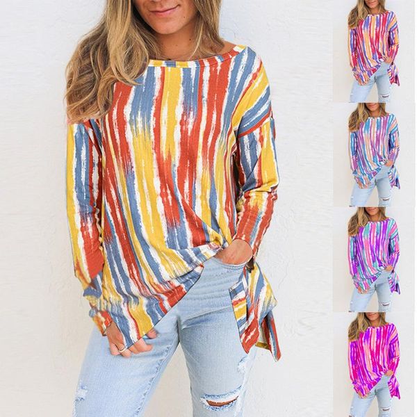 women's t-shirt spring and summer color stripe printed loose round neck fashion leisure long sleeve bottoming shirt wear, White
women's t-shirt spring and summer color stripe printed loose round neck fashion leisure long sleeve bottoming shirt wear, White