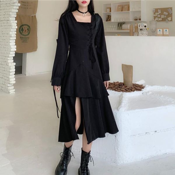 casual dresses black split gothic dress women elegant midi female irregular chiffon lace-up korean women's clothing autumn 2021, Black;gray
casual dresses black split gothic dress women elegant midi female irregular chiffon lace-up korean women's clothing autumn 2021, Black;gray