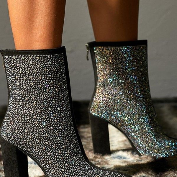 boots high pointed short rhinestone thick heel, Black
boots high pointed short rhinestone thick heel, Black