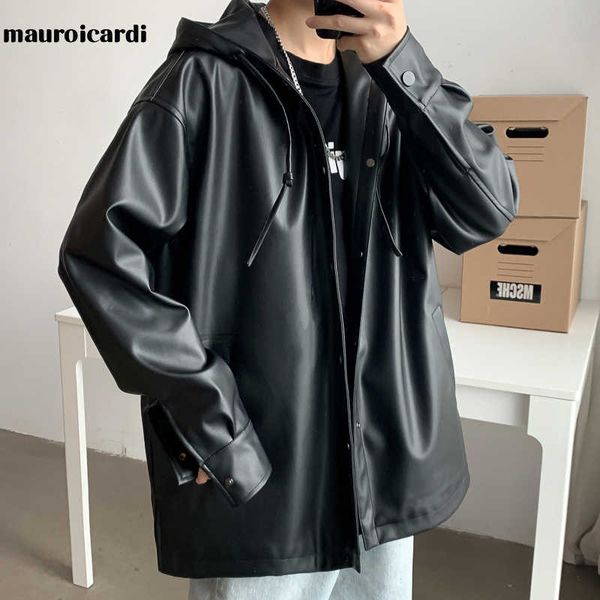 mauroicardi spring causal black oversized black faux leather jackets for men style with hood long sleeve korean fashion 211018
mauroicardi spring causal black oversized black faux leather jackets for men style with hood long sleeve korean fashion 211018