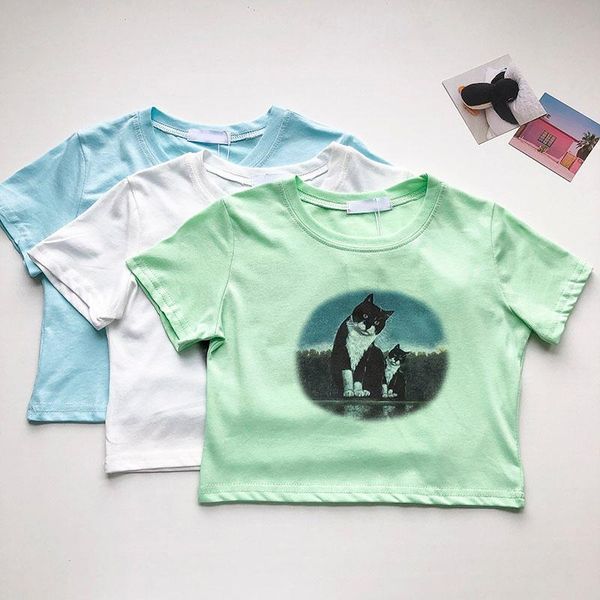 women's t-shirt summer retro cat print crew neck slim y2k aesthetic women, White