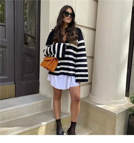 women's sweaters 2021 autumn winter loose lazy black and white stripe half high neck zipper sweater versatile, White;black
women's sweaters 2021 autumn winter loose lazy black and white stripe half high neck zipper sweater versatile, White;black