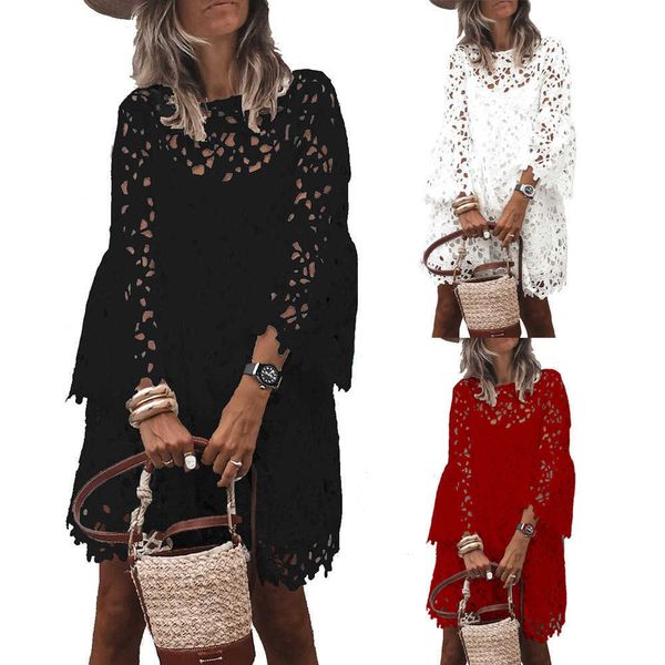 spring and summer 2021 round neck lace flared sleeve ruffle dress for women, White
spring and summer 2021 round neck lace flared sleeve ruffle dress for women, White