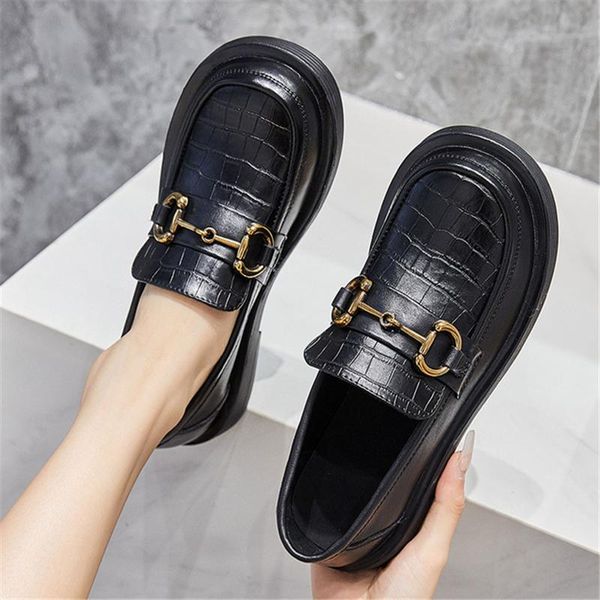 dress shoes loafers for women's spring/summer 2021 small leather with thick soles, Black