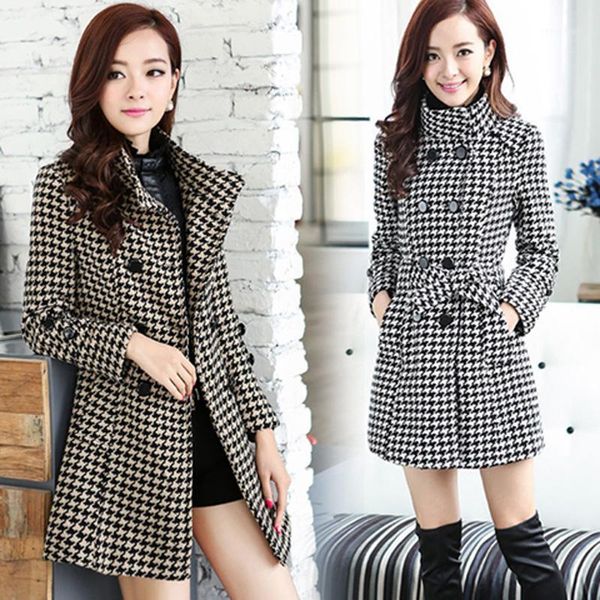 women's wool & blends women full sleeve houndstooth coat spring and autumn double-breasted vintage style coats, Black
women's wool & blends women full sleeve houndstooth coat spring and autumn double-breasted vintage style coats, Black