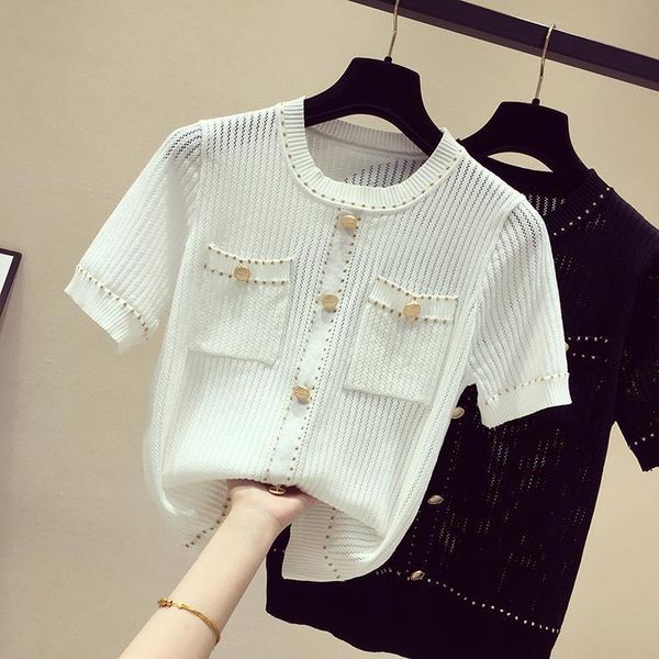 women's t-shirt thin hollow women button t shirt knitted 2021 summer woman short sleeve casual female tee femme y304, White
women's t-shirt thin hollow women button t shirt knitted 2021 summer woman short sleeve casual female tee femme y304, White