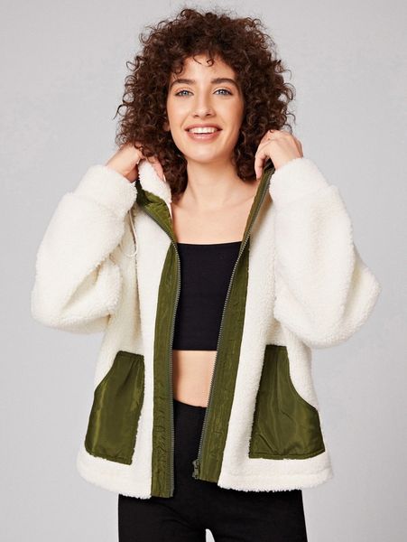 contrast trim zip up drawstring teddy jacket u182#, Black;brown
contrast trim zip up drawstring teddy jacket u182#, Black;brown