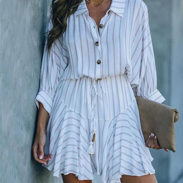 casual dresses fall waist tassel drawstring striped print white dress female 3/4 sleeve button up turn-down collar swing mini 2021, Black;gray
casual dresses fall waist tassel drawstring striped print white dress female 3/4 sleeve button up turn-down collar swing mini 2021, Black;gray