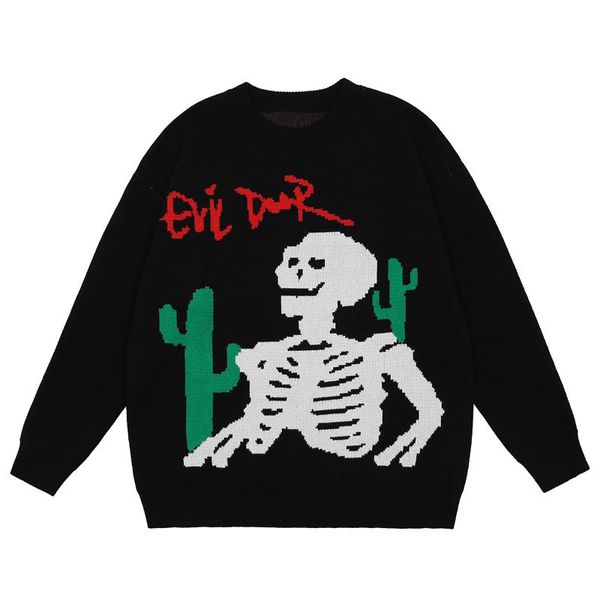 men's sweaters cartoon skeleton knitted sweater men hip hop streetwear harajuku casual 2021 autumn cotton pullover black oversized, White;black 
men's sweaters cartoon skeleton knitted sweater men hip hop streetwear harajuku casual 2021 autumn cotton pullover black oversized, White;black
