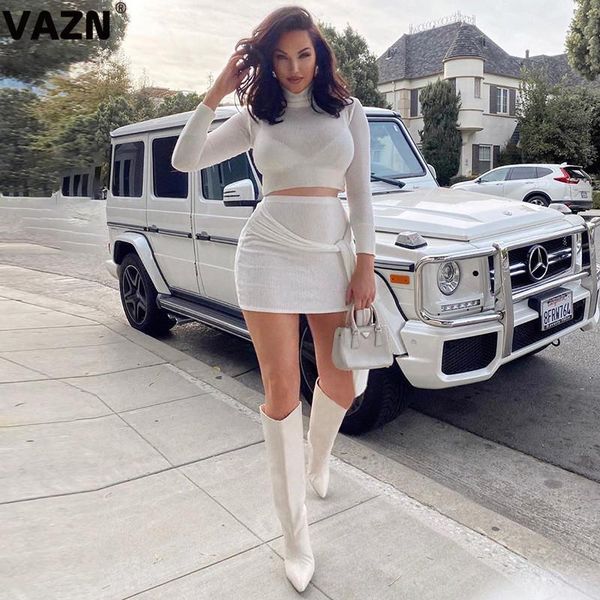 two piece dress vazn reduction of age girl style long sleeve high collar short elastic mini skirt pure color sets, White
two piece dress vazn reduction of age girl style long sleeve high collar short elastic mini skirt pure color sets, White