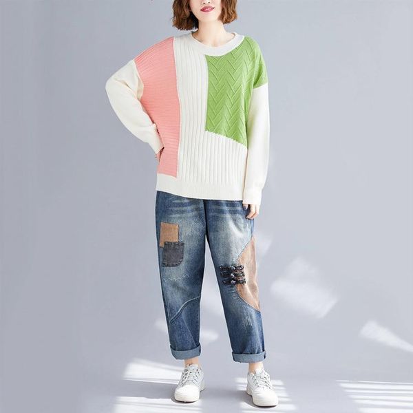 women's sweaters johnature autumn winter 2021 fashion casual knitting loose pullover women warm patchwork hit color, White;black
women's sweaters johnature autumn winter 2021 fashion casual knitting loose pullover women warm patchwork hit color, White;black