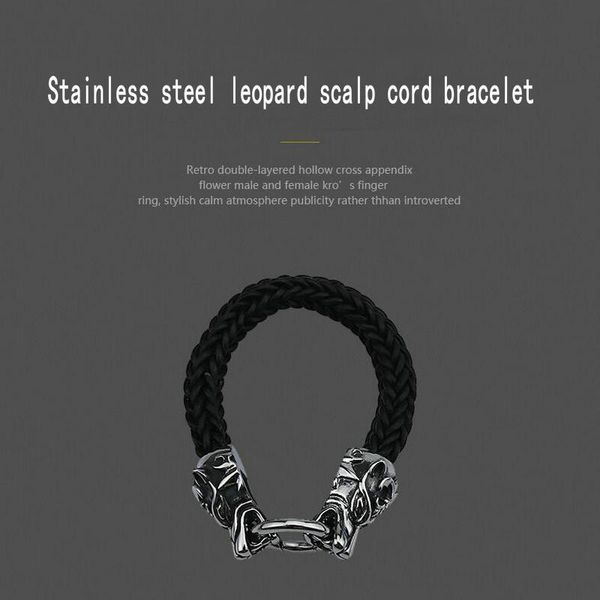 bangle european and american trend leopard head bracelet stainless steel punk rock braided leather cord, Black
bangle european and american trend leopard head bracelet stainless steel punk rock braided leather cord, Black