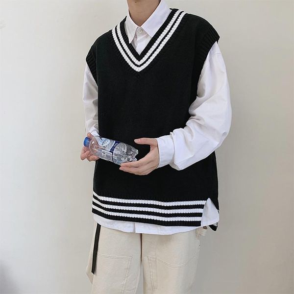 men's vests men sweater striped sleeveless v-neck knitted shrug preppy style chic leisure loose male clothing harajuku, Black;white
men's vests men sweater striped sleeveless v-neck knitted shrug preppy style chic leisure loose male clothing harajuku, Black;white