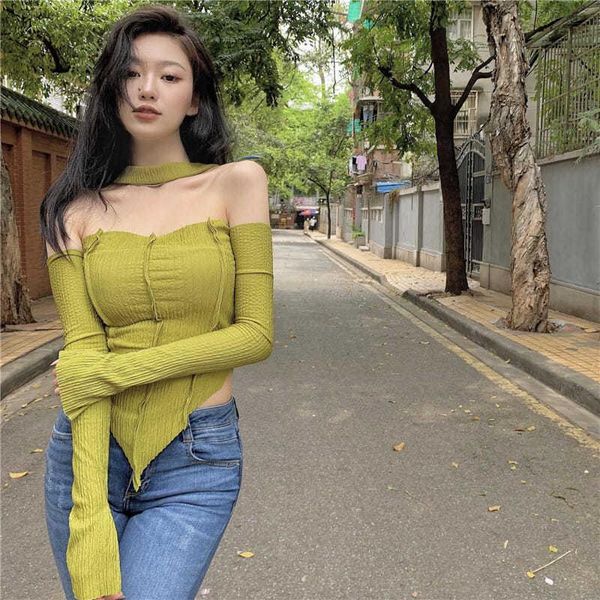 women's t-shirt 2021 word shoulder dress female irregular split long sleeve spring green short slim t shirt, White
women's t-shirt 2021 word shoulder dress female irregular split long sleeve spring green short slim t shirt, White