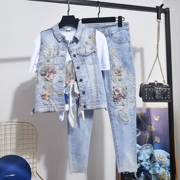 two piece sets for women european style spring summer women's flower beaded short slim vest + jeans pants suits ropa mujer dress, White
two piece sets for women european style spring summer women's flower beaded short slim vest + jeans pants suits ropa mujer dress, White