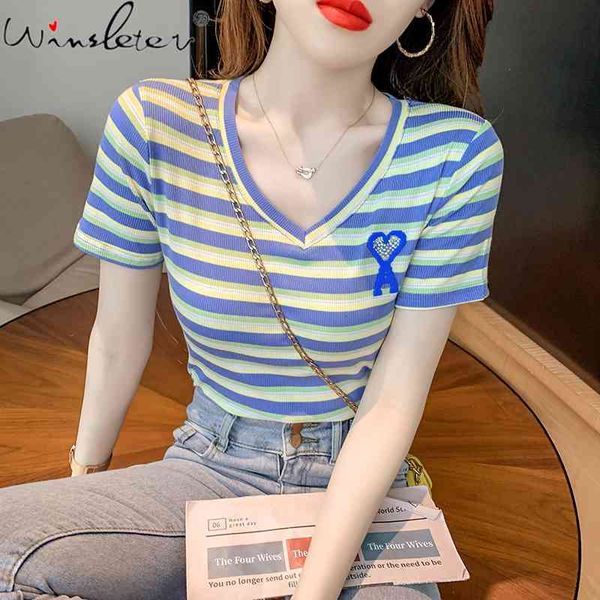 women's t-shirt summer korean clothes cotton fashion striped v-neck shiny diamonds love women bottoming shirt tees t1580, White
women's t-shirt summer korean clothes cotton fashion striped v-neck shiny diamonds love women bottoming shirt tees t1580, White