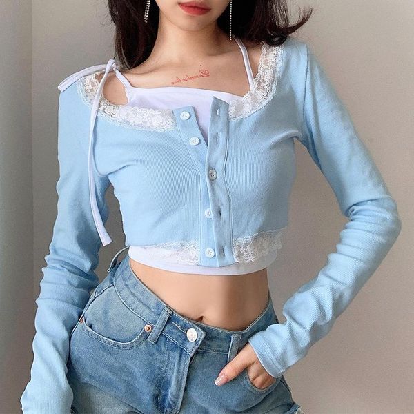 women's t-shirt 2021 lace patchwork streetwear women t shirts knitted slim tee button cardigan blue cute tshirt autumn long sleeve, White
women's t-shirt 2021 lace patchwork streetwear women t shirts knitted slim tee button cardigan blue cute tshirt autumn long sleeve, White