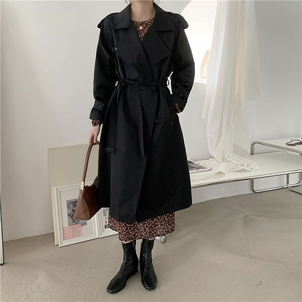 2021 minimalist solid double-breasted long trench coat elegant ol outwear new autumn khaki tooling windbreaker with belt 0392, Tan;black