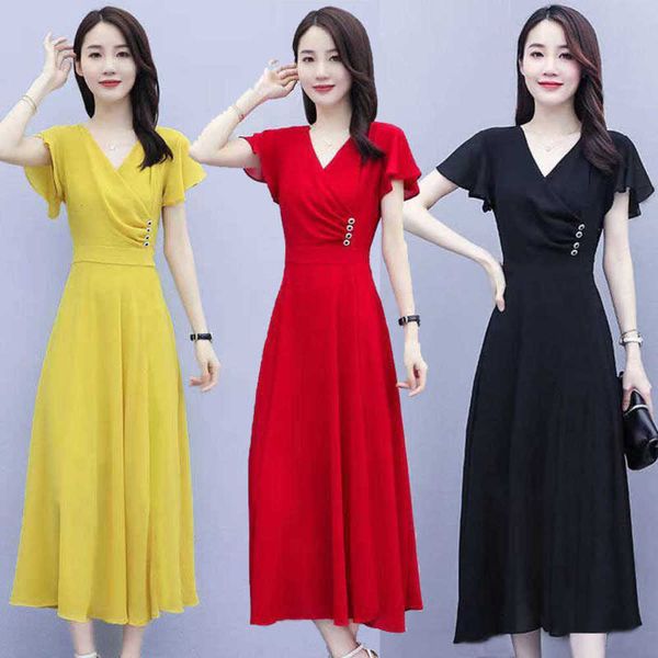 fashion dress summer large women's waist shows thin temperament v-neck foreign style, Black;gray
fashion dress summer large women's waist shows thin temperament v-neck foreign style, Black;gray