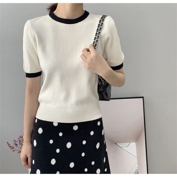 women's sweaters short sleeve knitted o-neck striped slim thin pullovers female white pull femme l908, White;black
women's sweaters short sleeve knitted o-neck striped slim thin pullovers female white pull femme l908, White;black