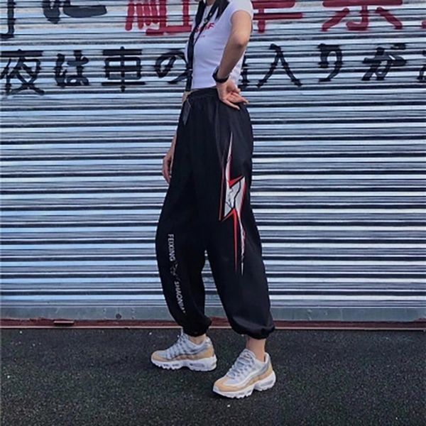 women's pants & capris sport high waist women loose print harajuku streetwear hip hop sweatpants vintage trousers black korean 50b153, Black;white 
women's pants & capris sport high waist women loose print harajuku streetwear hip hop sweatpants vintage trousers black korean 50b153, Black;white