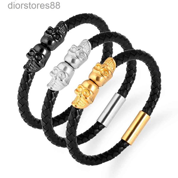 bangles bracelet skull stainless steel double leather woven magnetic buckle rope titanium, Black
bangles bracelet skull stainless steel double leather woven magnetic buckle rope titanium, Black