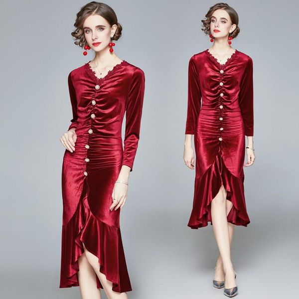 casual dresses spring autumn european women elegant temperament single-breasted slim-fit bag hip ruffled velvet fishtail dress, Black;gray
casual dresses spring autumn european women elegant temperament single-breasted slim-fit bag hip ruffled velvet fishtail dress, Black;gray