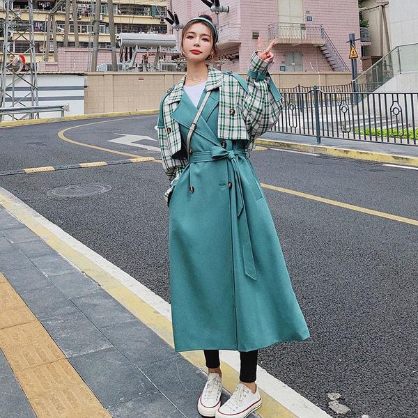 women's trench coats fashion splice green plaid long coat women elegant korean double breasted loose belted windbreaker cloak spring fa, Tan;black
women's trench coats fashion splice green plaid long coat women elegant korean double breasted loose belted windbreaker cloak spring fa, Tan;black