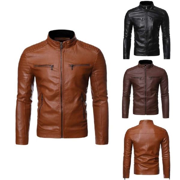 motorcycle autumn winter 2020 men's large casual zipper stand collar leather jacket fashion, Black;brown