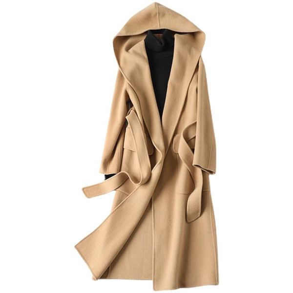 women's wool & blends autumn winter fashion hooded cashmere overcoat women bleted looe long coat, Black
women's wool & blends autumn winter fashion hooded cashmere overcoat women bleted looe long coat, Black