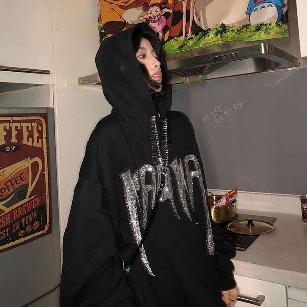 women's 2021 new black hooded korean loose retro hong kong style diamond letter printed jacket, Black;brown
women's 2021 new black hooded korean loose retro hong kong style diamond letter printed jacket, Black;brown