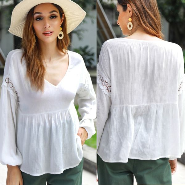 european and american new v-neck pullover splicing hollow lace long sleeve solid color simple doll shirt, White
european and american new v-neck pullover splicing hollow lace long sleeve solid color simple doll shirt, White
