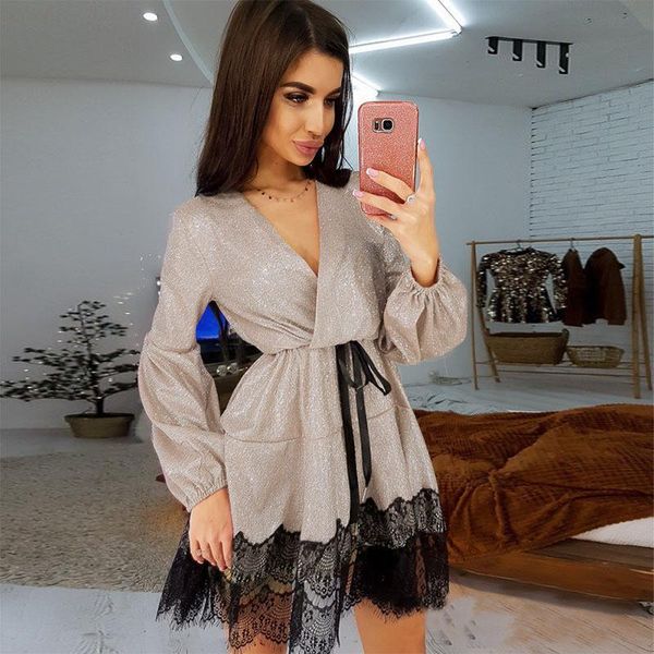 casual dresses ladies dress v-neck long-sleeved belt lace stitching summer unique design elegant formal evening party vestidos, Black;gray
casual dresses ladies dress v-neck long-sleeved belt lace stitching summer unique design elegant formal evening party vestidos, Black;gray