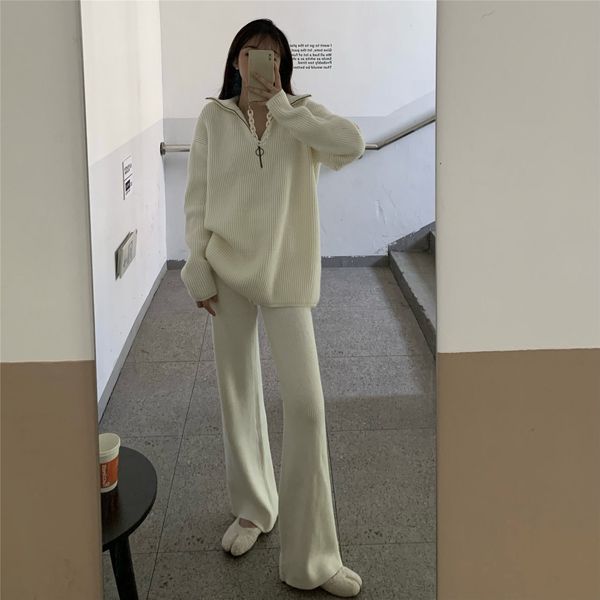 autumn winter womens tracksuit solid color striped turtleneck sweater and elastic trousers suits knitted two piece set, White
autumn winter womens tracksuit solid color striped turtleneck sweater and elastic trousers suits knitted two piece set, White