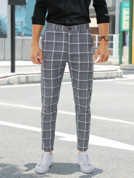 men plaid slant pocket tapered pants u73s#, Black