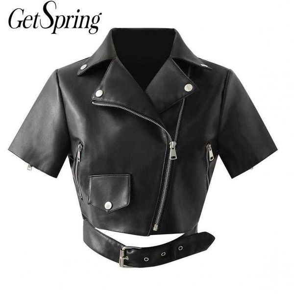 getspring women coat leather coats short sleeve high waist jackets vintage casual black pu 210601
getspring women coat leather coats short sleeve high waist jackets vintage casual black pu 210601