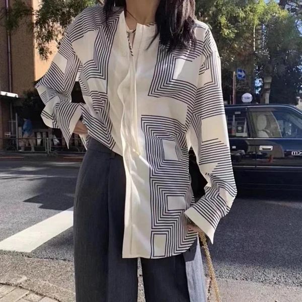 women's silk blouse geometric line print loose lace-up long sleeve casual shirt with buttons, White
women's silk blouse geometric line print loose lace-up long sleeve casual shirt with buttons, White