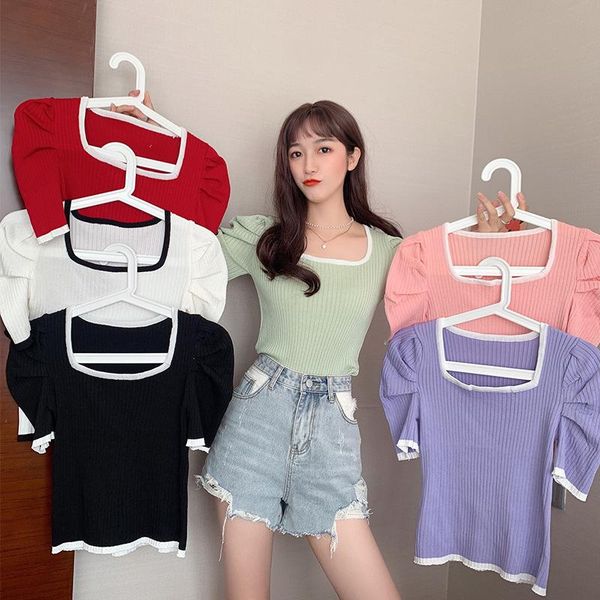 women's sweaters chaiyao fall 2021 summer retro low round neck thin puff sleeve color matching short-sleeved knit sweater slim short wo, White;black
women's sweaters chaiyao fall 2021 summer retro low round neck thin puff sleeve color matching short-sleeved knit sweater slim short wo, White;black