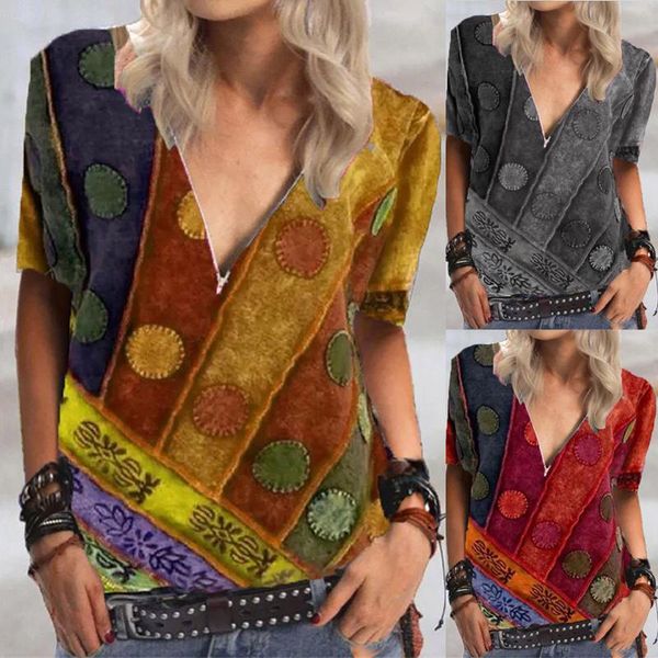 women's t-shirt casual loose retro printed v-neck zipper short-sleeved summer female clothing camisetas de mujer, White
women's t-shirt casual loose retro printed v-neck zipper short-sleeved summer female clothing camisetas de mujer, White