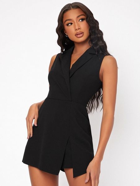 tall notched collar split hem romper n2ul#, White