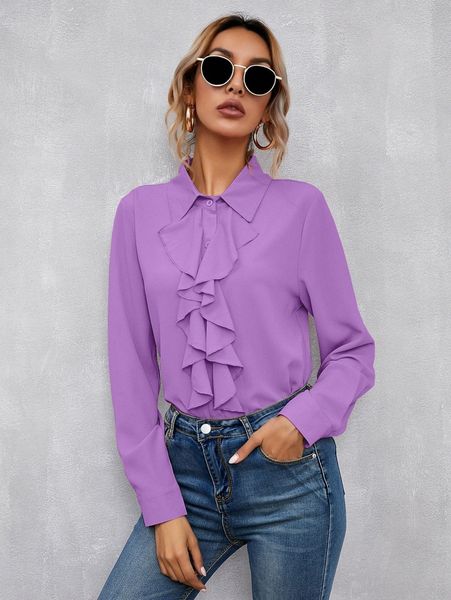 ruffle trim button up blouse k3ph#, White 
ruffle trim button up blouse k3ph#, White